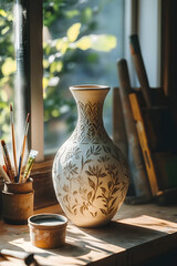 Exquisite Handcrafted Ceraic Vase Surrounded by Artit Tools in Sunlit Studio