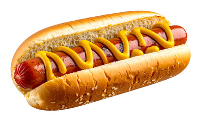 Close-up of a hot dog on a bun with mustard. Isolated on a black background (1)