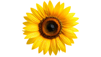 Close-up of vibrant yellow sunflower with dark center against a pure black background
