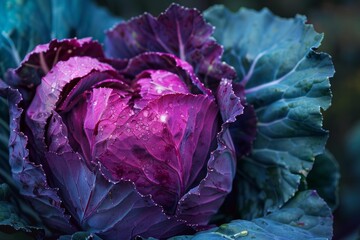 Obraz premium Close up of a vibrant purple cabbage head growing in a garden, glistening with water droplets