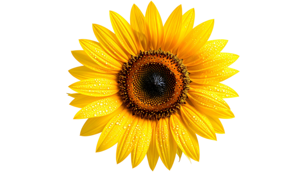 Close-up of vibrant yellow sunflower with dark center against a pure black background - Powered by Adobe
