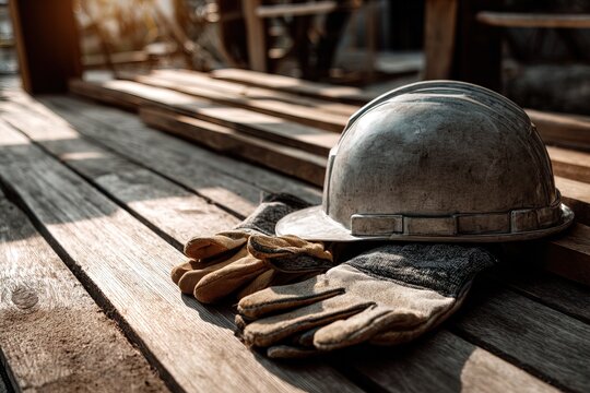 safety gloves and helmet on wood with sunlight shadows. Concept of occupational safety, manual labor, responsibility, great for presentations, awareness campaigns, industrial branding