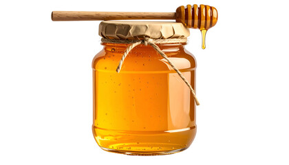A full jar of amber honey with wooden dipper, glistening drops, against a black backdrop
