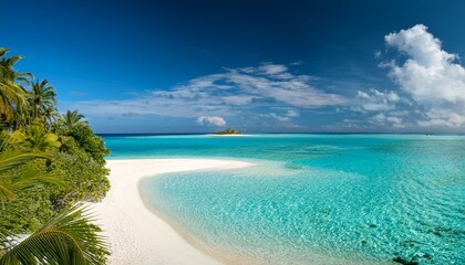 scenic vista of a tropical atoll with clear waters and sandy shores under a bright sky