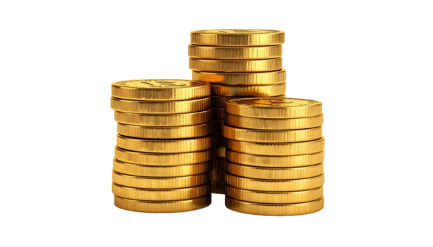 Stacked shiny golden coins, three stacks, isolated, against a black backdrop