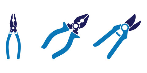 Vector illustration of three types of pliers—needle-nose, combination, and pruning shears—isolated in blue tones on white background