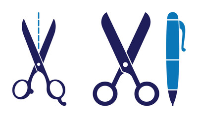 Minimalist icon set of scissors and pen in blue tones, representing cutting tools and writing instruments, isolated on white background