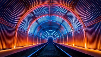 dark railway tunnel illuminated by concentric neon light arches in orange pink and blue hues creating a futuristic and vibrant atmosphere