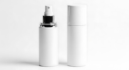 Two white cosmetic spray bottles on a white background
