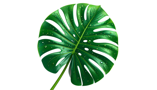 Rendered tropical leaf with water droplets against a black background