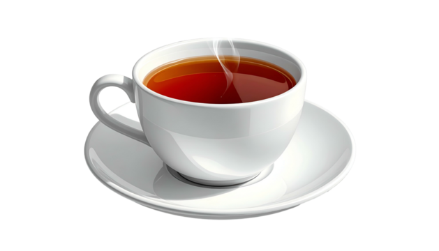 Steaming hot tea in a white ceramic cup on a saucer, isolated on a black background