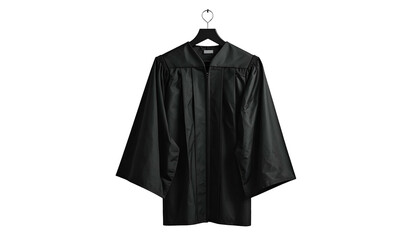 Black graduation gown hangs on a black hanger against a stark black backdrop