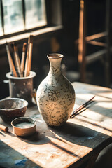 Exquisite Handcrafted Ceraic Vase Surrounded by Artit Tools in Sunlit Studio