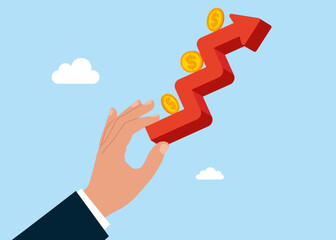 Red up arrows and dollar coins. Raising high standards of living and prices. Vector flat illustration