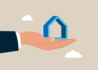 Big hand giving house. Purchase and pick real estate home. Property speculation. Vector flat illustration