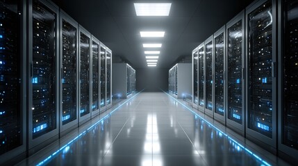 Futuristic Data Storage Center Showcasing Rows of Sleek Servers High-Tech Facility Digital Environment Aisle View Cutting-Edge Technology for Modern Data Management
