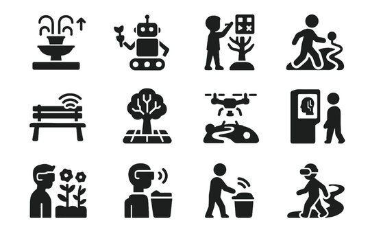 Interactive gate trail icons vector park drone icon fountain kiosk ar tree