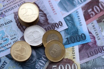 Large amount of Hungarian Forint currency money bills and coins. HUF currency banknotes and coins close up