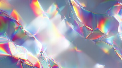 dreamy holographic rainbow light refraction texture overlay with abstract soft bokeh effect on a white wall organic prismatic glow and natural shadows background with copy space