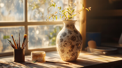 Exquisite Handcrafted Ceraic Vase Surrounded by Artit Tools in Sunlit Studio