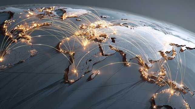Global Logistics Mapping Key Trade Routes International Shipping Digital Visualization Modern Trade Environment Aerial View Comprehensive Logistics Concept for Understanding Global Commerce