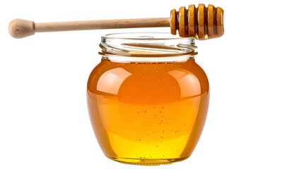 Glass jar filled with golden honey; wooden dipper rests on the rim, black background