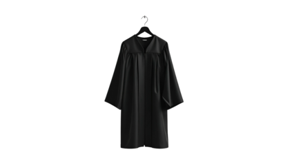 A black academic gown hangs against a black background, centered and well-lit