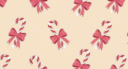 Seamless pattern of candy canes with pink bows on a light beige background, perfect for christmas wrapping paper or decorations