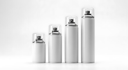 Four white spray cans of different sizes isolated on white background