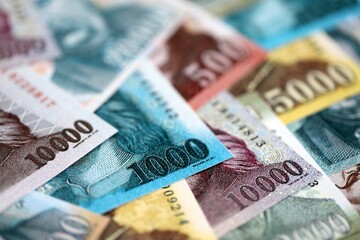 Hungarian Forints currency money bills in big amount. Many HUF currency banknotes with different denomination close up