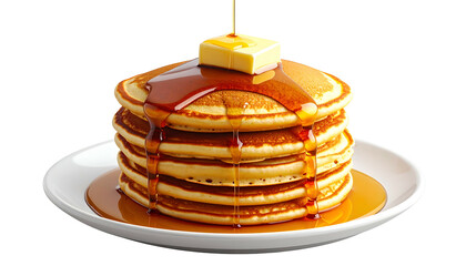 A stack of golden pancakes with melting butter and syrup, on a white plate, isolated