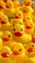 A dense cluster of vibrant yellow rubber ducks, many faces visible, in sunny light