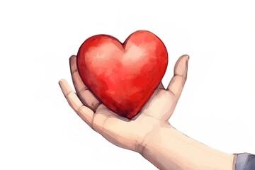 watercolor hand holding red heart. heart painted in watercolor and is size of small child fist. hand is positioned over heart, as if it is being held close and protected