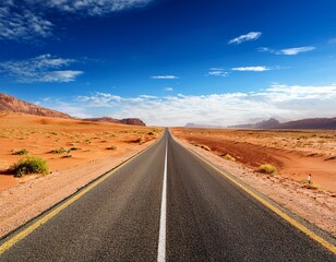a desert road with a blue sky in the background