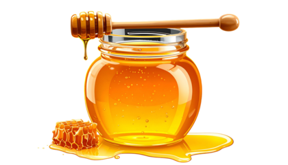 Vibrant illustration of a glass jar filled with honey, dipper above, small honeycomb piece