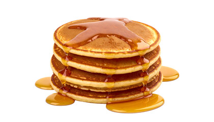 A stack of golden brown pancakes with maple syrup dripping over them, isolated