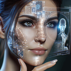 Innovative concept of a futuristic woman with digital elements and holographic projections in a dark setting Generative AI