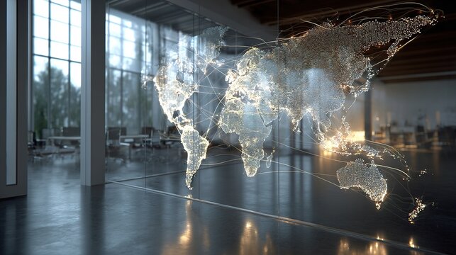 Global Supply Chain Visualization Holographic World Map Display in Modern Office Space Digital Environment Futuristic Conceptual Viewpoint - Powered by Adobe
