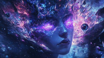 Cosmic fantasy artwork featuring a mystical figure with vibrant hues and celestial elements in a surreal space background Generative AI