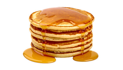 Stack of golden-brown breakfast cakes with dripping syrup, close up, isolated on white
