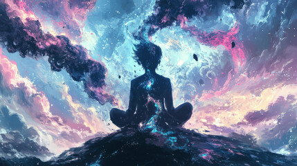 Person meditating on a mountain under a vibrant cosmic sky filled with colorful clouds and swirling galaxies Generative AI