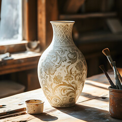 Exquisite Handcrafted Ceraic Vase Surrounded by Artit Tools in Sunlit Studio