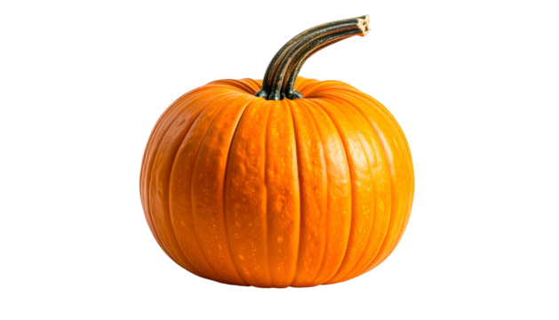 Isolated vibrant orange squash with textured rind and curved green stem, set against black