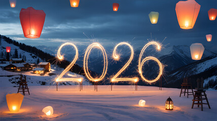 Snow mountain 2026 Background illustration with fireworks and sky lanterns night,generative ai