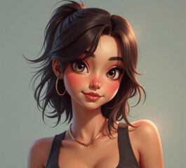Young woman with dark hair and cheerful expression, showcasing vibrant art style in a soft setting with warm lighting Generative AI