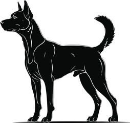 Standing dog pose with tail up, smooth black contour, white background, balanced proportion, simple anatomy details, clean modern vector illustration