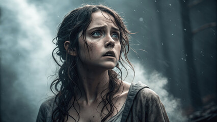 Woman in forest looks scared and confused as mist surrounds her during an eerie moment in the twilight hours Generative AI