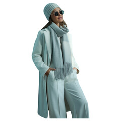 Woman wearing elegant winter coat beanie and scarf on white