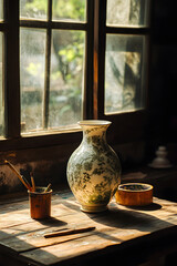 Exquisite Handcrafted Ceraic Vase Surrounded by Artit Tools in Sunlit Studio