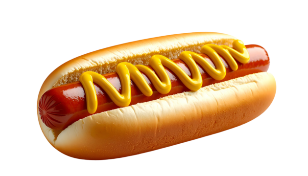 A delicious hot dog, bunned, with a squiggly yellow sauce, isolated against black
